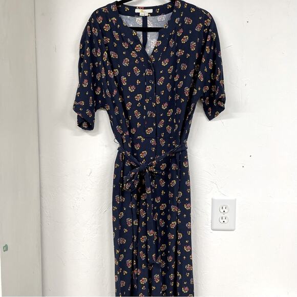 Boden Navy Blue Floral Wide Jumpsuit Belted Womens 12 Fall Casual Boho Modest - Picture 1 of 11
